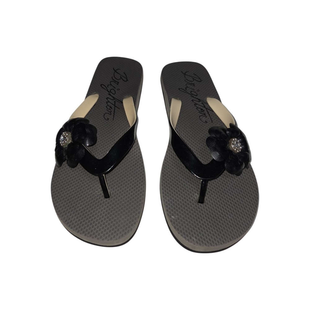 Brighton Flip Flop Sandals Women 10 Black Gray Flower Crystal Rhinestone Thong